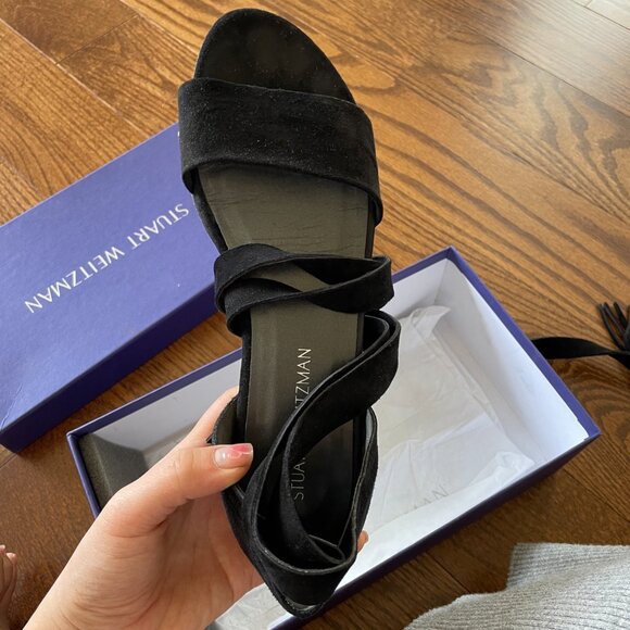 NIB Stuart Weitzman Black Suede Corbata Wrap Fringe Ankle Tie Sandals Flats - Picture 2 of 5
